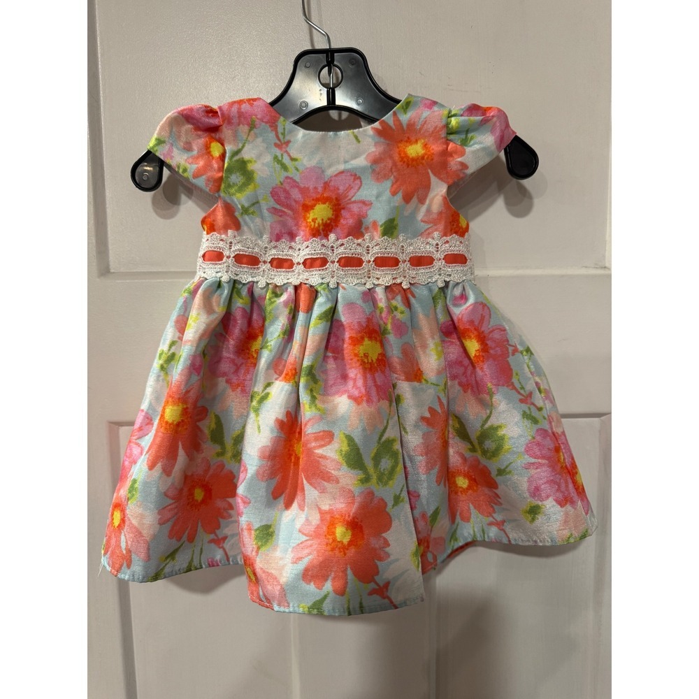 Youngland Baby Girl Dress 6/9 Months Floral Print Bow Tie Lace Accent